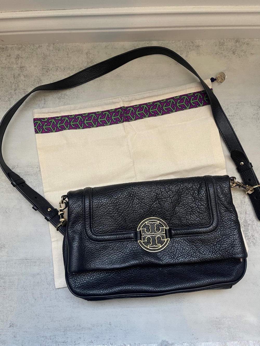Tory Burch Black Pebbled Leather Shoulder Bag with Gold Logo